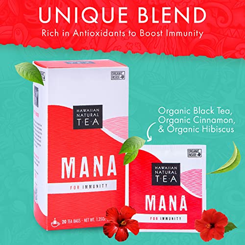 Image of Mana Hibiscus Herbal Black Tea - All Natural Wellness Tea, 20 Bags | Refreshing, uplifting and energizing with cinnamon and mint; supports immune health