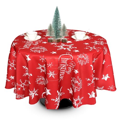 WedDecor Christmas Table Cloth Round Polyester Tablecloth with Snowflakes Print Red Table Cloth Cover for Christmas Buffet Table Party Holiday Dinner (70 - Red & White)