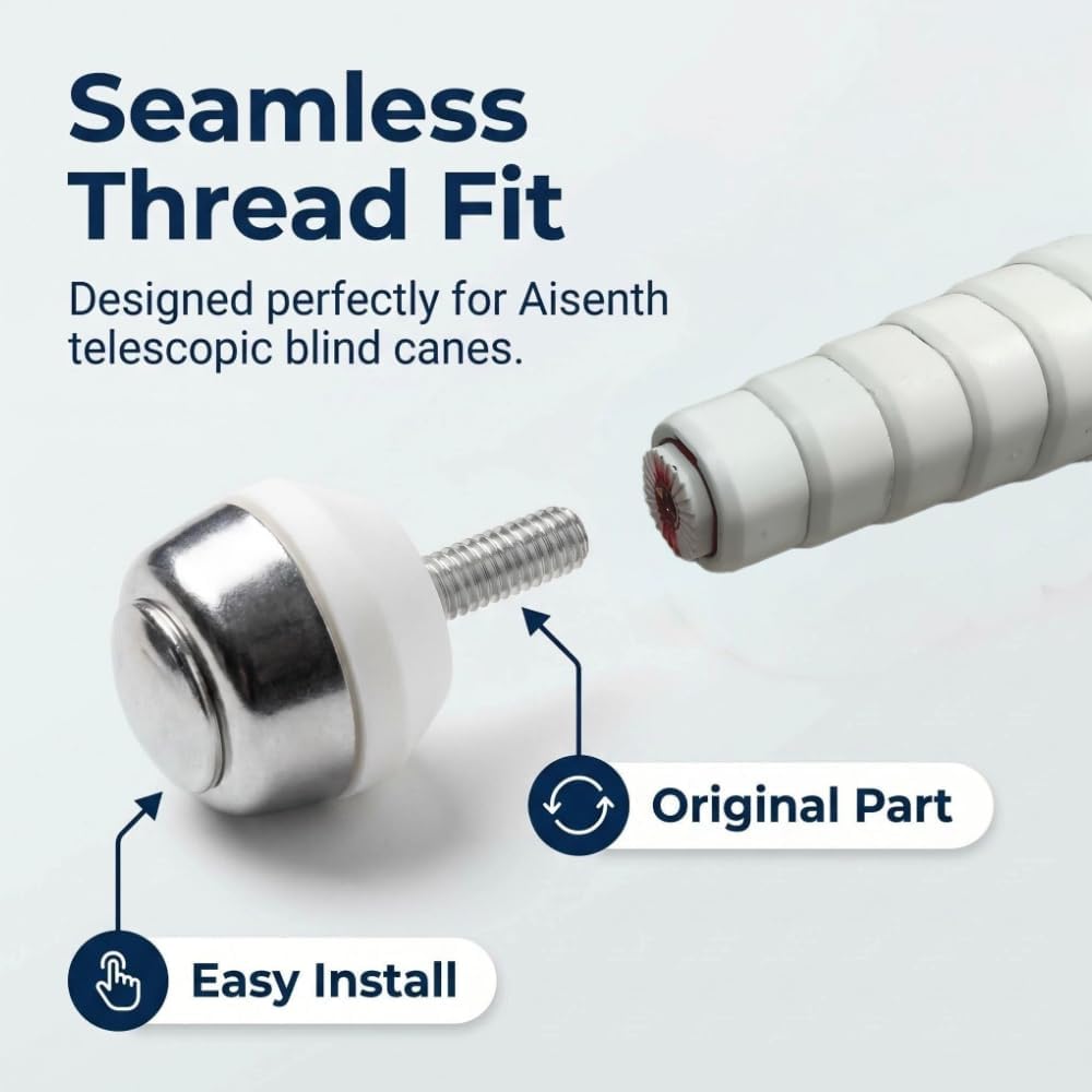 Cane Accessories - Replacement White Cane Tips for Telescoping Blind Canes, Snap-On Design, Easy Installation, Smooth Glide & Wear-Resistant, 2-Pack