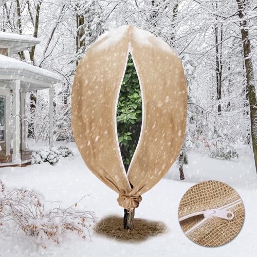 1PCS 47.2''×70.8'' Huge Plant Covers Freeze Protection with Zipper, Plant Cover Drawstring Tree Cover, Burlap Frost Cloth Plants Freeze Protection,Reusable Tree Jacket Frost Blanket for Outdoor Plants