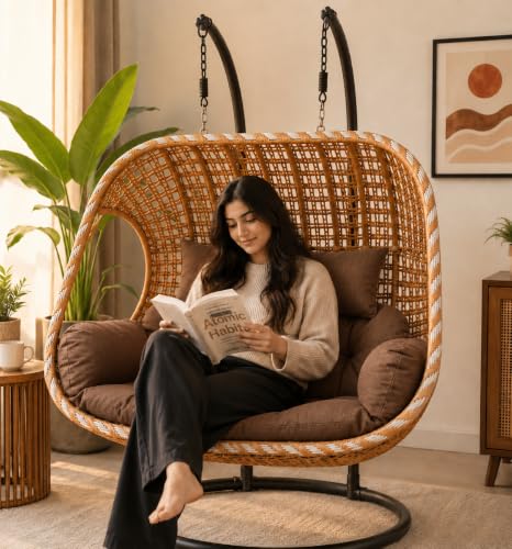 Image of Hanging Swing Chair with Cushions | Brown Woven Rattan Style Double Seater Jhula with Stand | Indoor Outdoor Balcony Patio Garden Porch Seating | Relaxation Chair for Home & Decor (Brown)