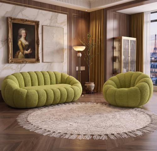 Image of CRAFTCITY Pumpkin Style Wooden Sofa | Contemporary Wool Sofa with Swen Pillow Back for Living Room (Lime Green, 4 Seater)