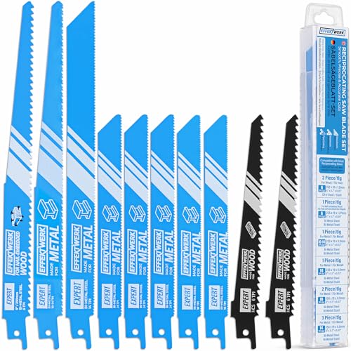EffektWerk - Reciprocating Saw Blade Set - 10 Pieces - Heavy-Duty HCS Steel Sabre Saw Blades for Wood, Metal & Plastic - 6/10/14/18 TPI 1 EffektWerk - Reciprocating Saw Blade Set - 10 Pieces - Heavy-Duty HCS Steel Sabre Saw Blades for Wood, Metal & Plastic - 6/10/14/18 TPI