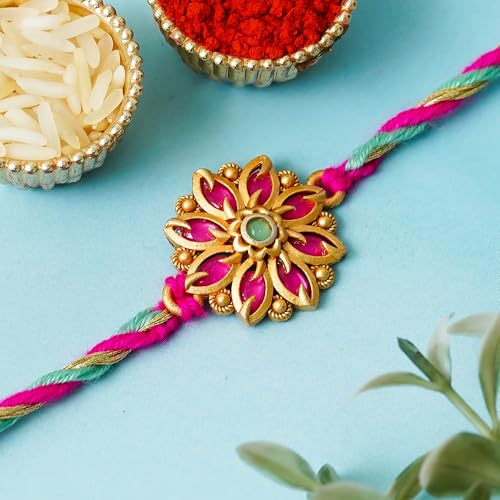 Image of eCraftIndia Beautiful Pink Flower Designer Rakhi for Brother with Gift Combo Set | Raksha Bandhan Rakhi for Bhaiya Bhabhi Bhai Kids Boy | Best Bro Ever Fridge Magnet | Roli Chawal Pack