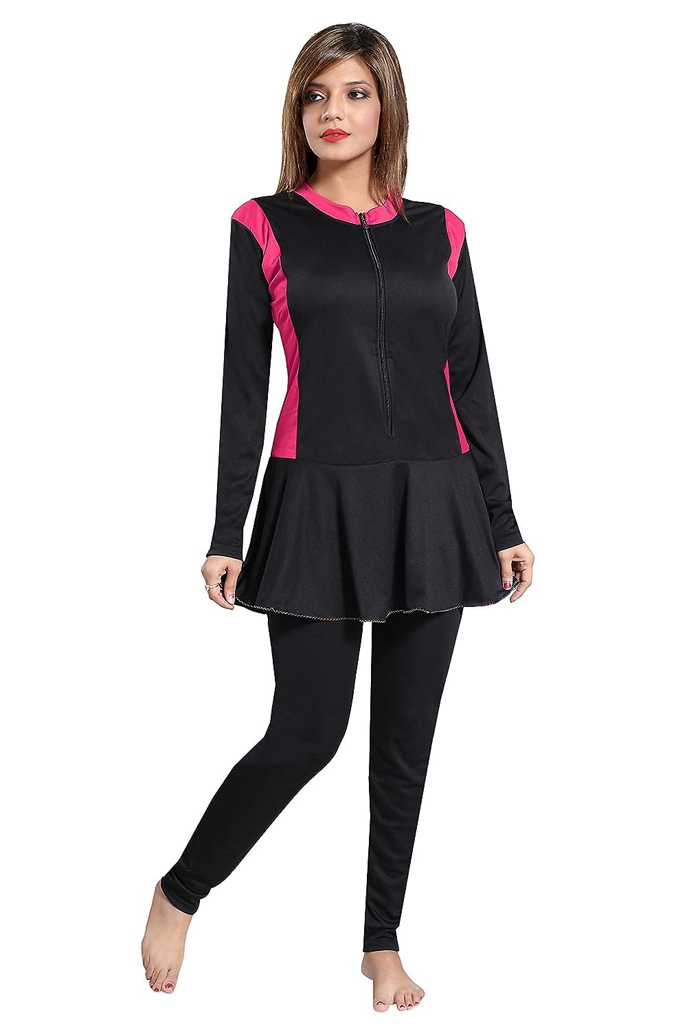 Poly-Jersy Full Body Swimming Costume for Women with Removable Chest Pads Frock Style with Piping