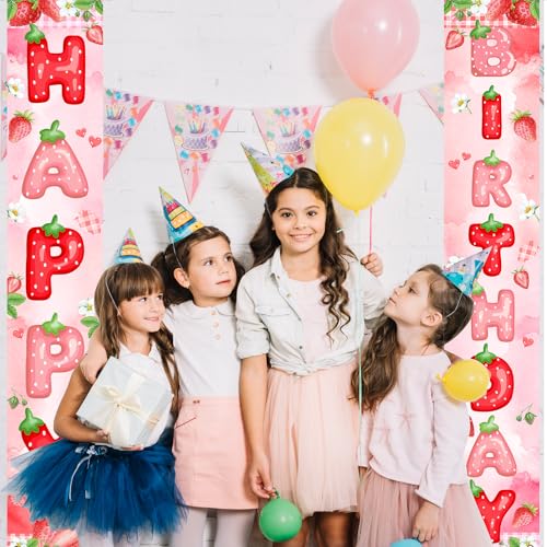 Image of Avezano Berry First Birthday Banner Strawberry Shortcake Porch Banner Strawberry Birthday Decorations for Girls Indoor Outdoor