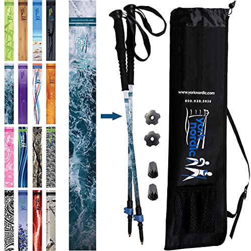 York Nordic Hiking & Walking Poles - Cushion Foam Hiking Grips - Lightweight, Adjustable, And Collapsible -2 Pieces Adjustable W/Flip Locks, Detachable Feet And Travel Bag (Ocean Wave) #TOP9