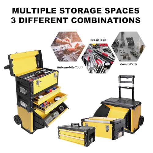 Image of Stackable Rolling Tool Box Portable Metal Toolbox Organizer with Wheels and 2 Drawers Separate Rolling Upright Trolley Tool Chest for Garage or Workshop,Yellow
