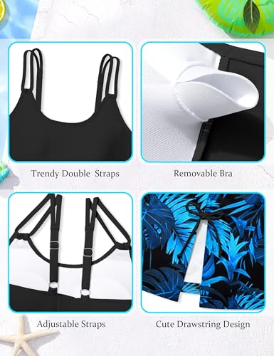 Image of Girls Swimsuit Tropical 3 Piece Tankini Adjustable Strap Bathing Suit Solid Modest Swimwear with Drastring Skirt 9-16y
