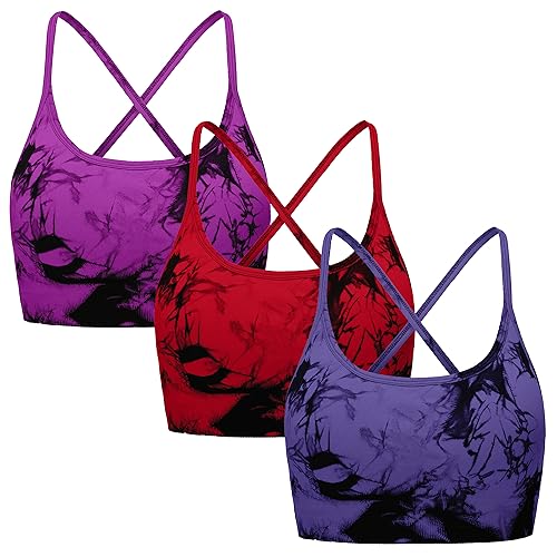OVESPORT 3 Piece Women's Workout Sports Bras Seamless Tie-dye Strappy Gym Yoga Crop Bra