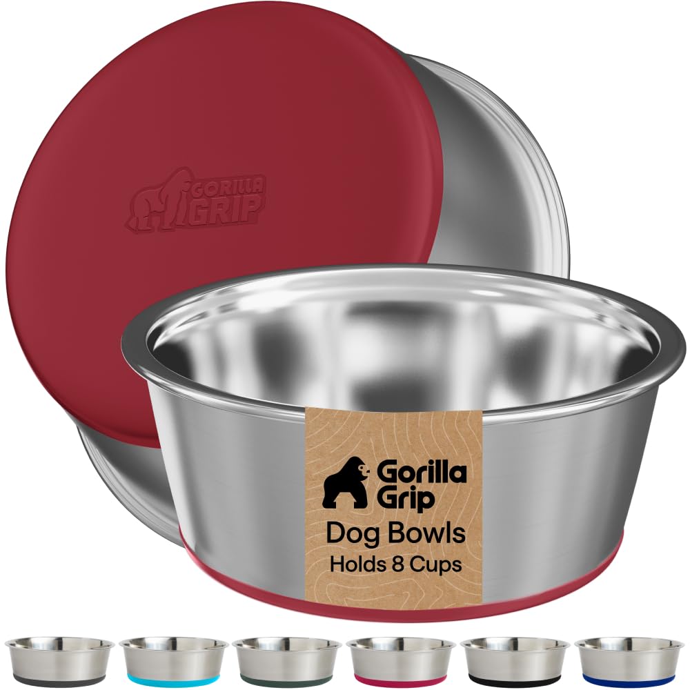 GORILLA GRIP Dog Bowls, Food Grade Stainless Steel, Set of 2, 8 Cup, Red