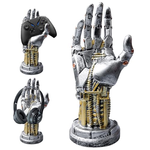 GOMETY Cyberpunk Kopfhörerständer, Gaming Headset Halterung und Controller Ständer Controller Halterung Futuristisches Harzdesign Metalloptik Gamer Zubehör für Vitrine Schreibtischorganisation