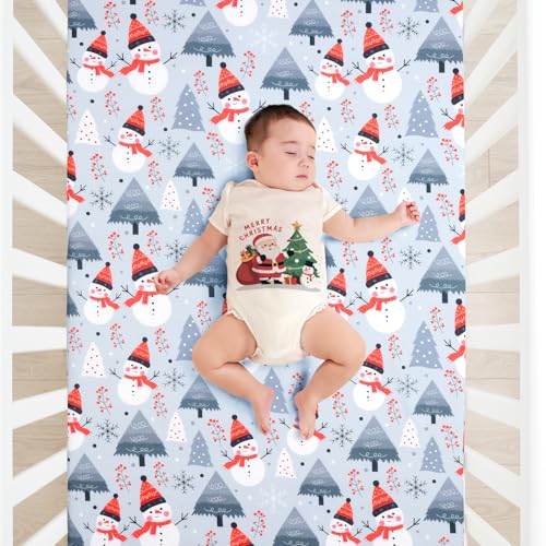 Image of JISEN Christmas Crib Sheet Snowman Fitted Crib Sheet for Boys Girls Crib Mattress Cover Baby Sheet for Standard Crib and Toddler Mattress Soft Breathable Baby Bed Sheet for Neutral 52x28 Inch Grey