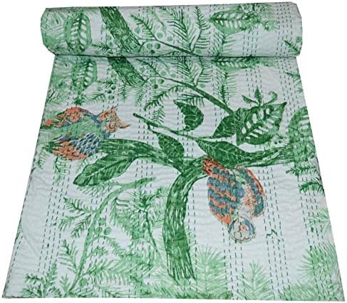 Colcha india Kantha de algodón con estampado de búho y pájaro, colcha decorativa de algodón, estilo étnico, vintage, 90 x 108 pulgadas, color verde