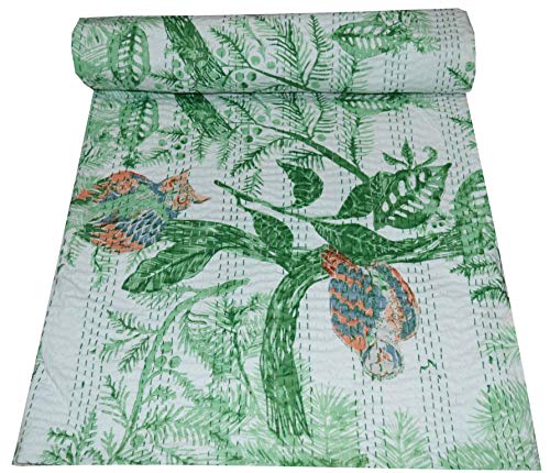 V Vedant Designs Indian Kantha Quilt Owl Bird Print Cotton Queen Bedspread Ethnic Vintage Throw Quilted Bedding Decorative Quilt,90x108 Inch, Green