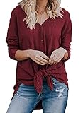 Picture of MIHOLL Womens Loose Blouse Short Sleeve V Neck Button Down T Shirts Tie Front Knot Casual Tops, A07 Wine Red (Long Sleeve), Small