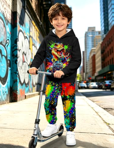 Image of Boys Clothes, T-Rex Print Dinosaur Boy Clothes Fall Winter Outfits Long-sleeved Hooded Sweatshirt Pants 2Pcs Set