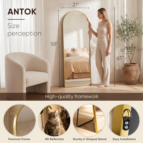 Image of Antok Full Length Mirror, 58 inchx21 inch Floor Mirror, Arched Floor Standing Freestanding Arch Full Body Mirrors with Stand for Bedroom, Hanging Mounted for Living Room Cloakroom,Gold