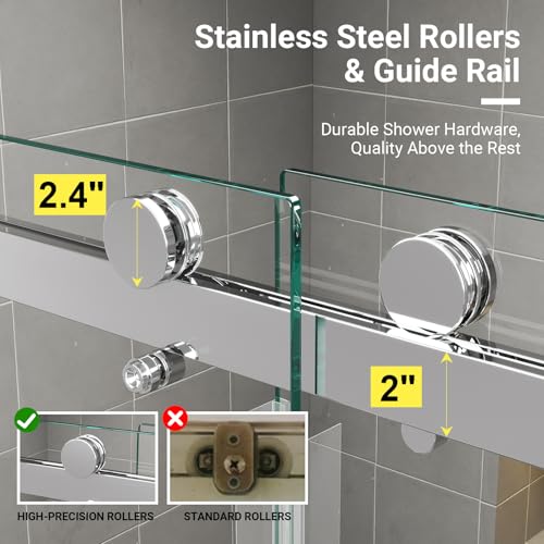 56"-60" W x 76" H Frameless Shower Door, 3/8" (10mm) ANSI Certified Tempered Glass, Double Sliding Bypass, Stainless Steel, Chrome by BATHWILLER - Image 5