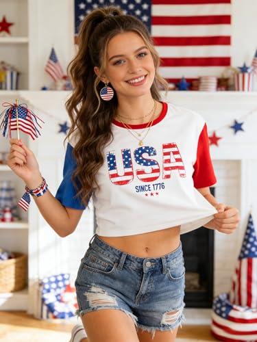 Image of MYHALF Women USA Flag 250th Patriotic 4th July Memorial Day Crop Shirt