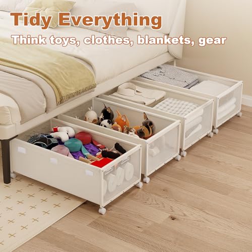 Image of 2 Pack Under the Bed Storage Containers,12 inch Height Under Bed Shoe Storage,31inch Long Underbed Storage with Wheels,Large Rolling under bed Clothes Storage Drawers with Lid for Dorm Tall,Ivory