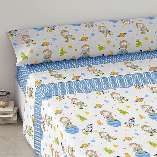 TIENDA EURASIA - Sabana Infantil, 3 Piezas Encimera, Bajera y Funda de Almohada, 90x190cm, 100% Poliéster Microfibra, Todas Las Estaciones, para Dormitorio Infantil (Astronauta 90x190cm)