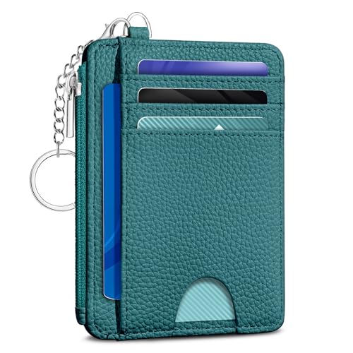 Image of Kelvoris Teal Blue Credit Card Holder Small Wallet Women, Minimalist Slim RFID Blocking Wallet Woman Keychain with Zipper Coin Pocket, Front Pocket Thin Travel Card Case with ID Window Ladies Gifts