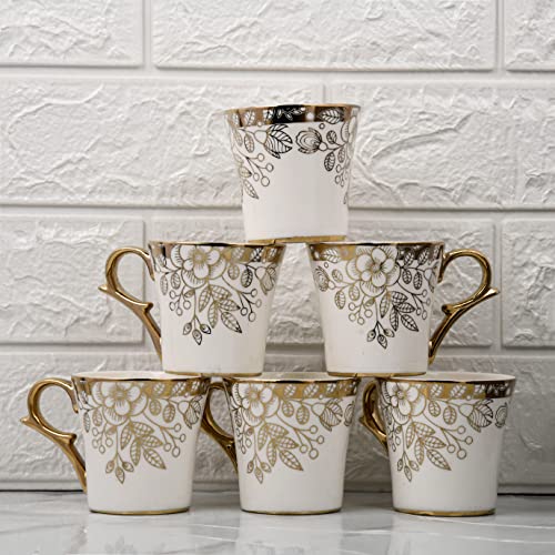 Femora Handcrafted Ceramic Coffee and Tea Mugs Set of 6 (5.5 oz) - White Cappuccino, Latte, Espresso Cups - Indian Golden British Porcelain Set