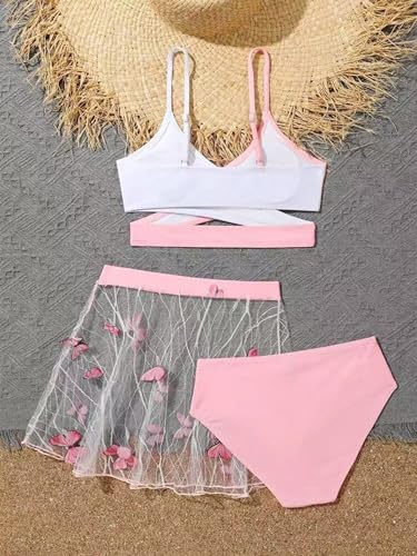 Kids Girls 3Pcs Criss Cross Wrap Bikini Sets Swimsuit with See Through Butterfly Beach Skirt4