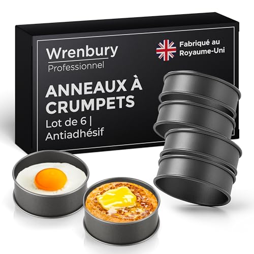 Wrenbury Lot de 6 anneaux à crumpet anti-adhésifs - Anneaux de cuisson pour œufs - Moules à muffins anglais - En acier carbone - Fabriqué en Angleterre