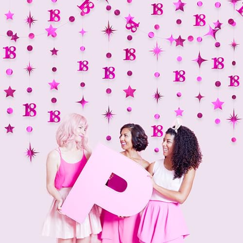 Image of Hot Pink 18th Birthday Decorations Number 18 Circle Dot Twinkle Star Garland Metallic Streamer Banner Backdrop for Girls Happy 18th Birthday Time to Adult Cheers to 18 Years Old Anniversary Party
