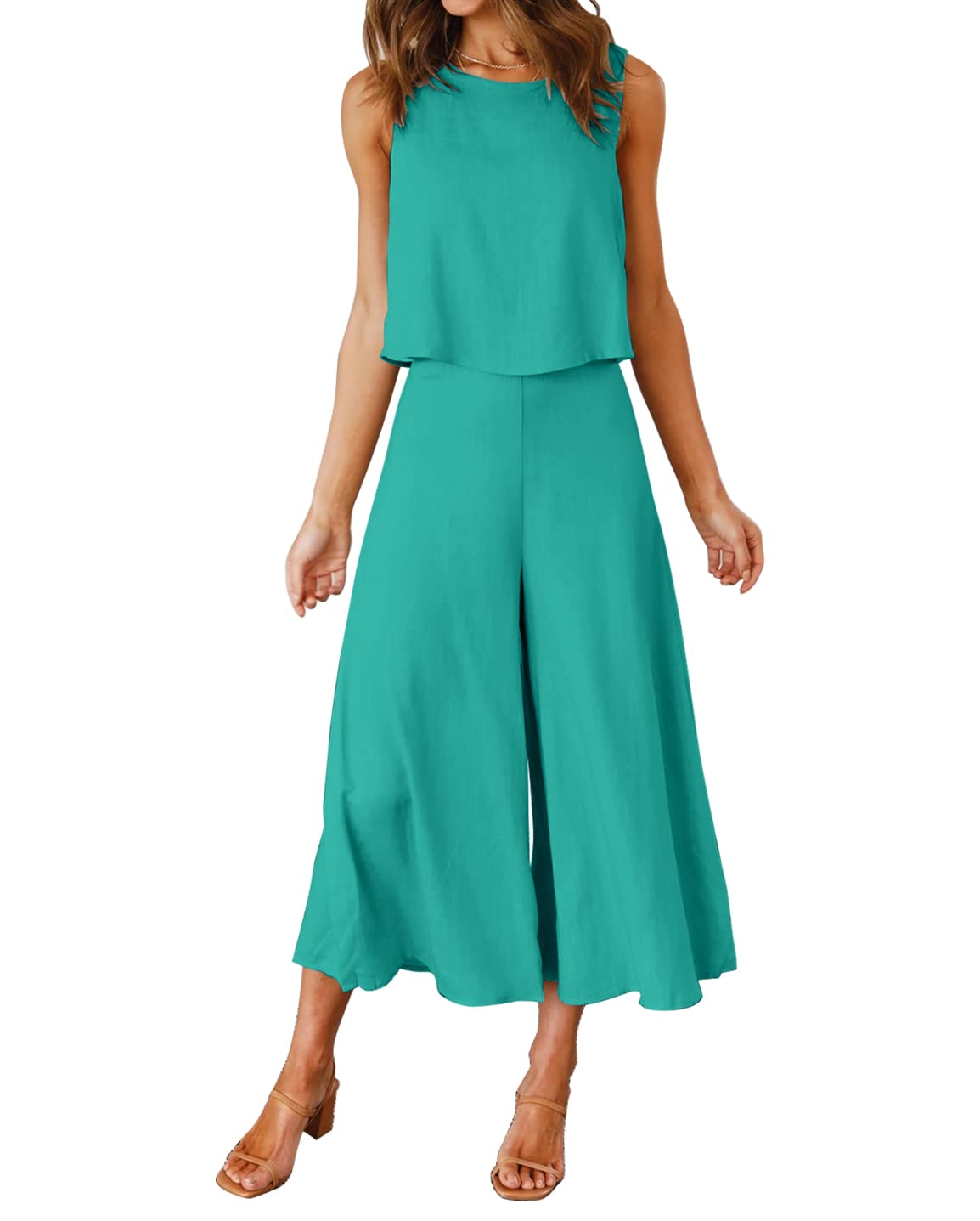 ROYLAMPWomen's Summer 2 Piece Outfits Round Neck Crop Basic Top Cropped Wide Leg Pants Set Jumpsuits, Peafowl Green 1, Medium