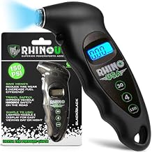 Rhino USA Digital Tire Pressure Gauge 150 PSI, 4 Ranges, Ergonomic Design w/Lighted Nozzle & LCD Backlit Display - Certified Accurate Readings, Best Digital Gage Black