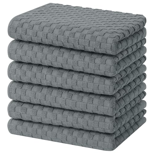 Homaxy 100% Cotton Terry Kitchen Towels(15" x 25", 6 Pack), Dark Grey | Soft and Super Absorbent Dish Towels, 380 GSM Reusable Tea Towel with Hanging Loop, Pineapple Grid Designed
