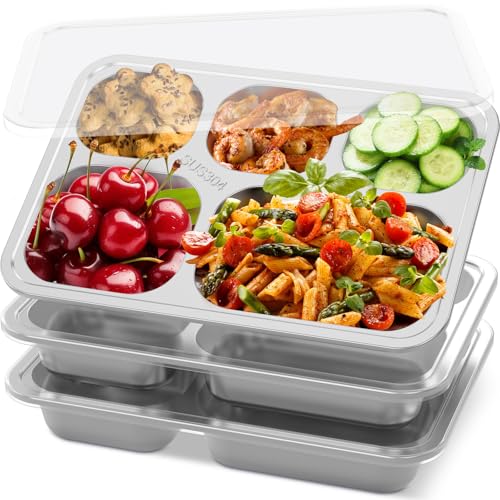 NIHUIFDPY 3 cajas de almuerzo de acero inoxidable con tapa transparente, a prueba de fugas, con 5 compartimentos, para niños y adultos, apilables, para la escuela y el hogar