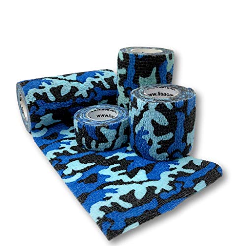 Vendaje cohesivo LisaCare Camo-Mix Vendaje deportivo azul Vendaje autoadhesivo Fijación elástica - Juego de 4-2,5-10cm de ancho x 4,5m