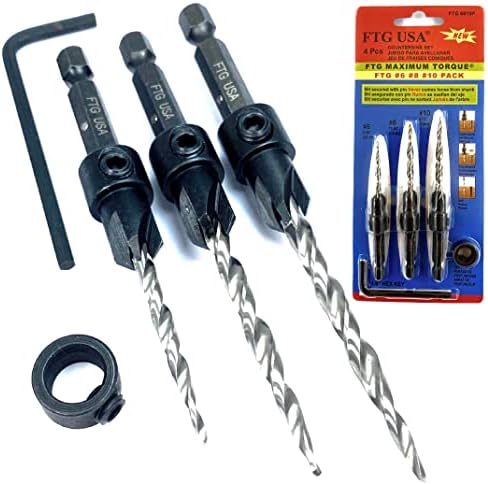 FTG USA Wood Countersink Drill Bit Set #6#8#10 Set Countersink HSS M2 Tapered Drill Bits, Quick Change Hex Shank Countersink Bit, 1 Stop Collar, Allen Wrench, Countersink Drill Bit for Woodworking