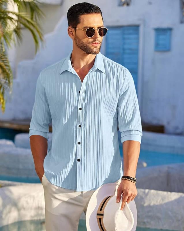 Image of DEELMO Combo of Men's Casual Button Down Shirts Long Sleeve Linen Shirt Fashion Textured Summer Shirts Pack of 2