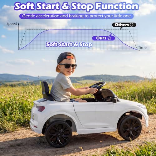 Image of Costzon Ride on Car, 12V Licensed Ford Mach E Kids Electric Vehicle with Parent Control, LED Lights, Horn, Music, Wireless Connection & Spring Suspension, Kids Car Toy for Girls Boys (White)