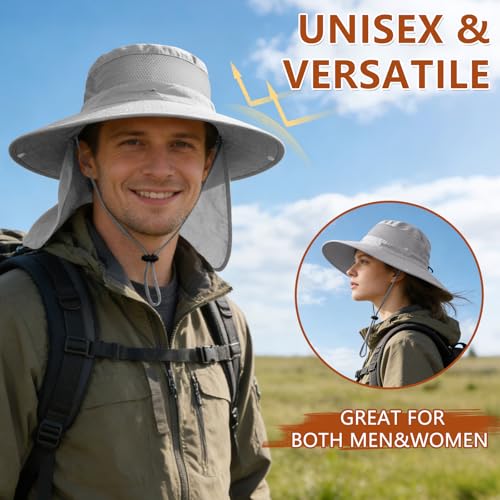 Image of ZOORON Sun Hats for Men Women Fishing Hat with Neck Flap,UPF 50+ Sun Hat Waterproof Wide Brim Bucket Hats for Safari Hiking