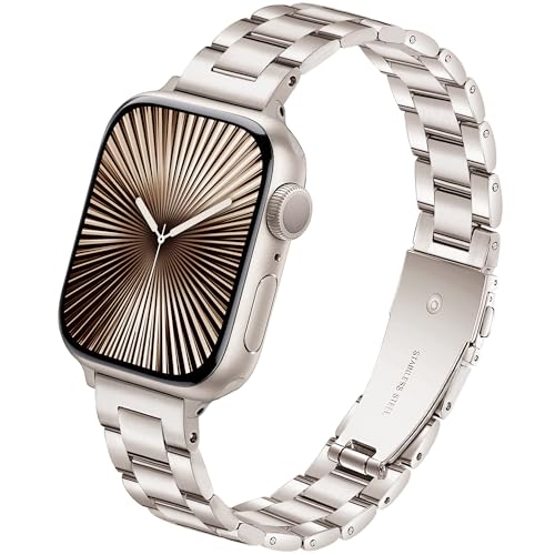 Image of Melyis Slim Metal Band Compatible with Apple Watch Bands for Women 46mm 45mm 44mm 42mm 49mm, Premium Stainless Steel iWatch Bands for Apple Watch Band Series 11 10 9 SE Series 8 7 6 5 4 3 Ultra-Starlight
