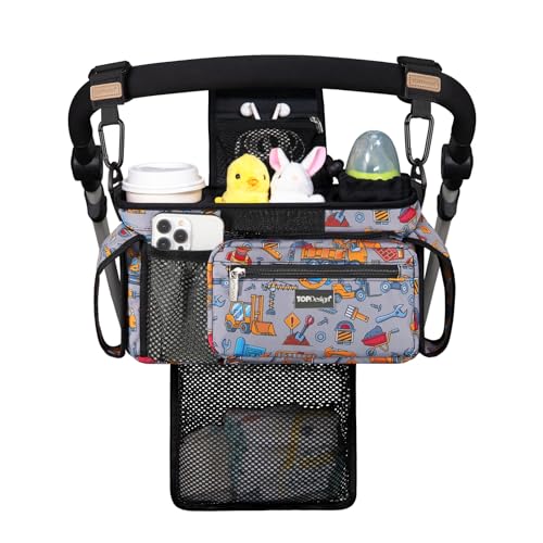 Image of TOPDesign Universal Baby Stroller Organizer, Stroller Caddy with Detachable Mesh Bag & Heightened Insulated Cup Holders & Non-Slip Secure Hooks Accessories, Fits Most Strollers (Construction Trucks)