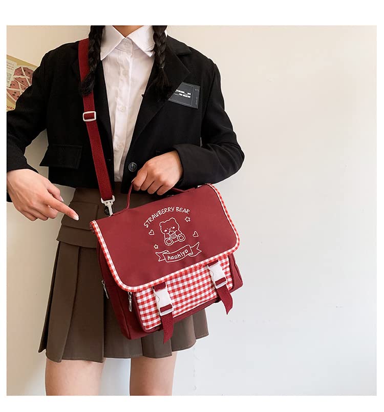 YUESUO Japanese Kawaii Plaid Bear Strawberry Backpack 3 Way Multi Bag for Girl Women JK Lolita Student Cosplay Satchel Book Bag (Red,Medium)4