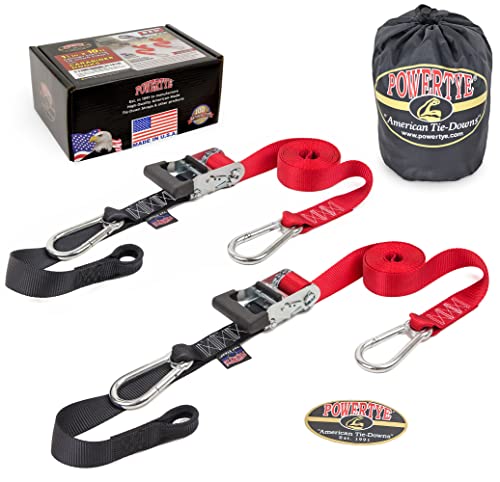 Image of PowerTye 1.5 inch x 10ft Extra Long Ratchet Tie Down Straps, Heavy Duty with Carabiner Hooks, Soft-Tye & Bag, for Motorcycle, ATV & Cargo - 1,000 lb WLL - Made in USA - Red /Black Pair