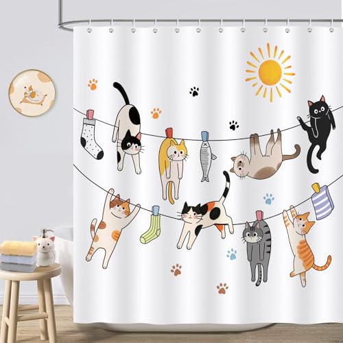 COZZSNUGE Rideau de Douche Chat Mignon, Rideau de Baignoire Drôle Simplicité Moderne Enfant Animal 180 x 180 cm Polyester Imperméable Résistant à la...