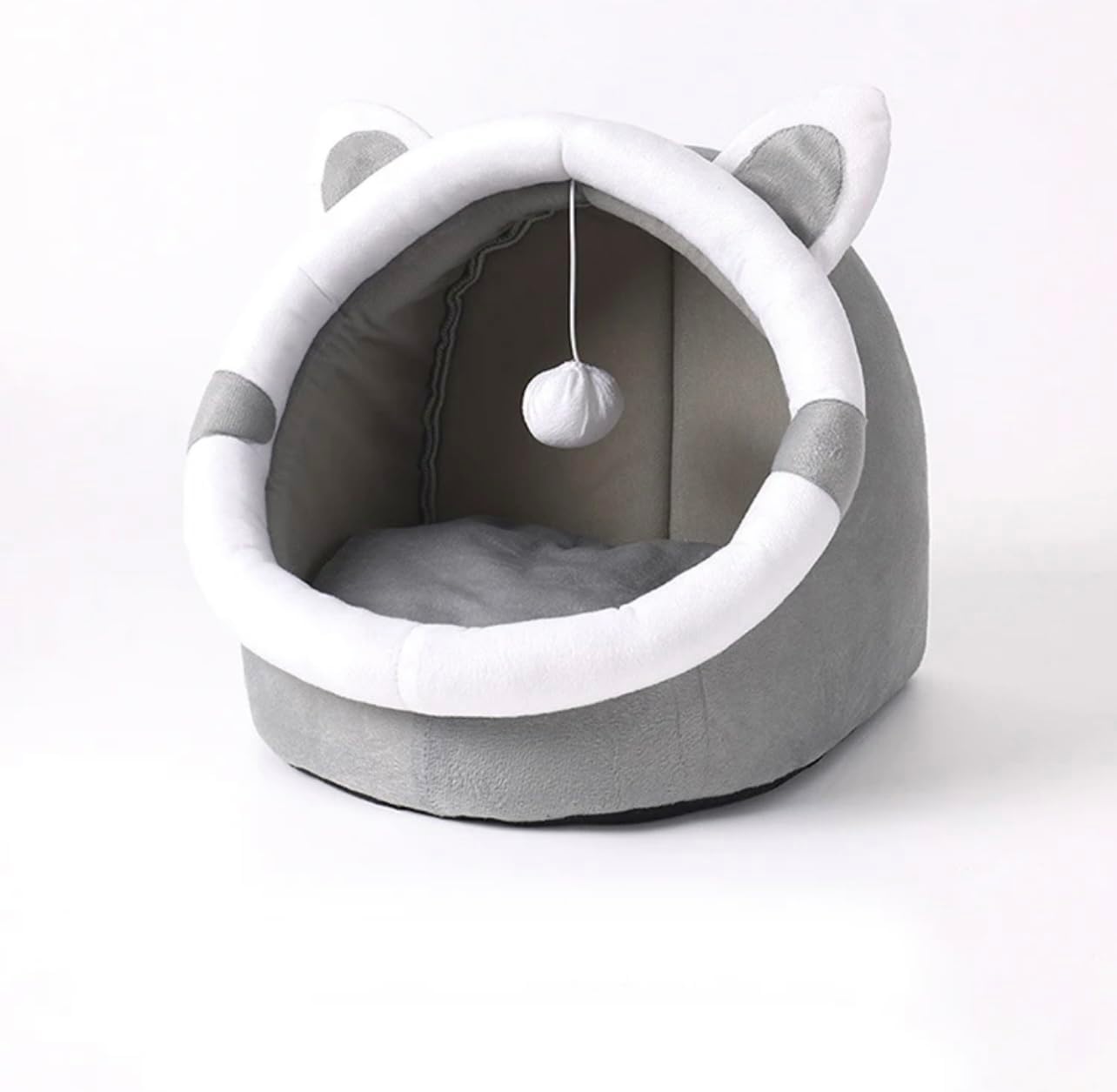 review Cat Bed Cave with Removable Cushion| Indoor Pets Plush House Bed with Pompom for Small to Medium Sized Pets | Size M, Grey