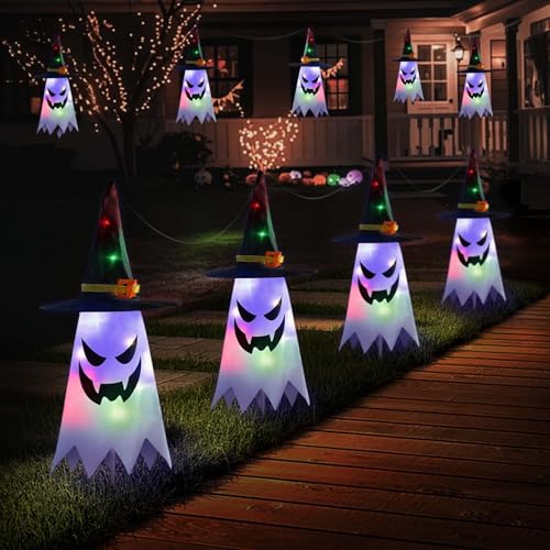 4 Stück LED Geister mit Hexenhu für Halloween Deko Outdoor,LED Halloween Horror Dekoration für Garten Rasen Gruselig Outdoor,Hängende Gespenster Dekorationen