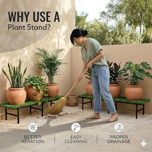 Image of IRON LANDS Metal Pot Stand with Green Grass Mat 72x22x20 Cm | Rust-Proof Matte Powder-Coated for Big Size Plants | Supports Up to 300 Kg| Ideal for Garden Balcony, Outdoor and Indoor Plant Display