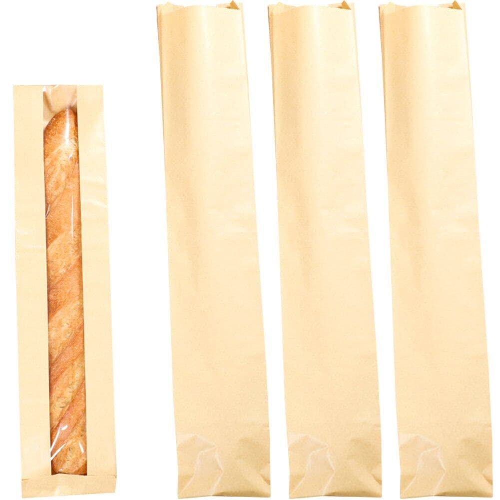 Ericetion As Shown 50Pcs Oil Proof Kraft Paper Long Bread Bags Soft Baguette Baking Packaging Birthday Event Favor Transparent Window