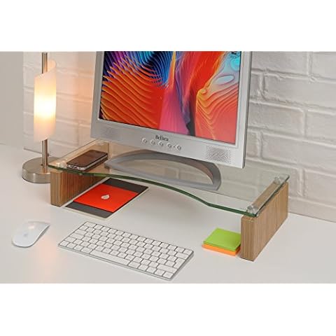 TTAP Glass Monitor Riser Stand - Oak Desk TV Laptop Shelf, Computer Desktop Monitor Lift Cover